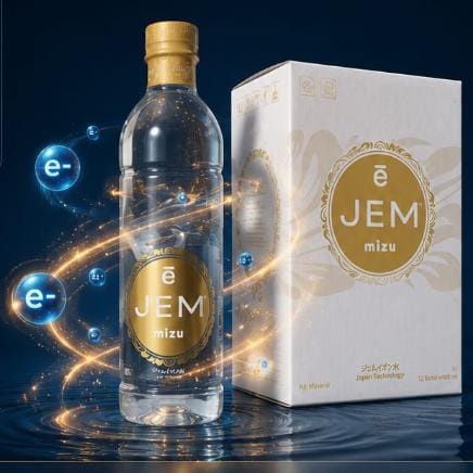 Botol dan kemasan box eJEM MIZU dengan visual ion elektron